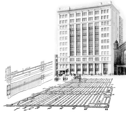 ساختمان خیابان شماره ۳۹ در نیویورک (سال ۱۹۱۲)، ۱۲ طبقه، ۴۵ متر ارتفاع. نمای بیرونی، پلان و مقطع ستون‌ها