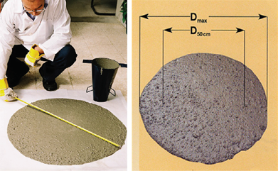 آزمایش جریان اسلامپ برای تعیین روانی و کارایی بتن و آزمایش T50 به‌منظور کنترل ویسکوزیته و نرخ جریان مخلوط